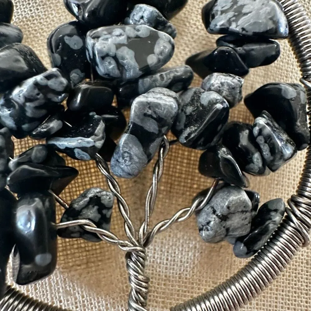 Tree Of Life Wire Wrapped Pendant Snowflake Obsidian Tumbled Chips Silver - Image 3