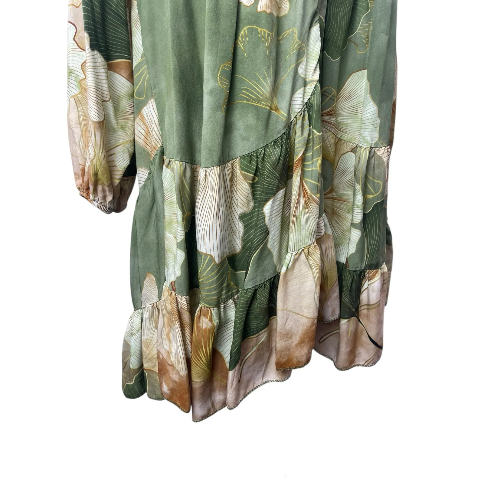 Women's Green Floral Long Sleeve Tiered Ruffle Button Up Shirt Mini Dress S/M - Image 3