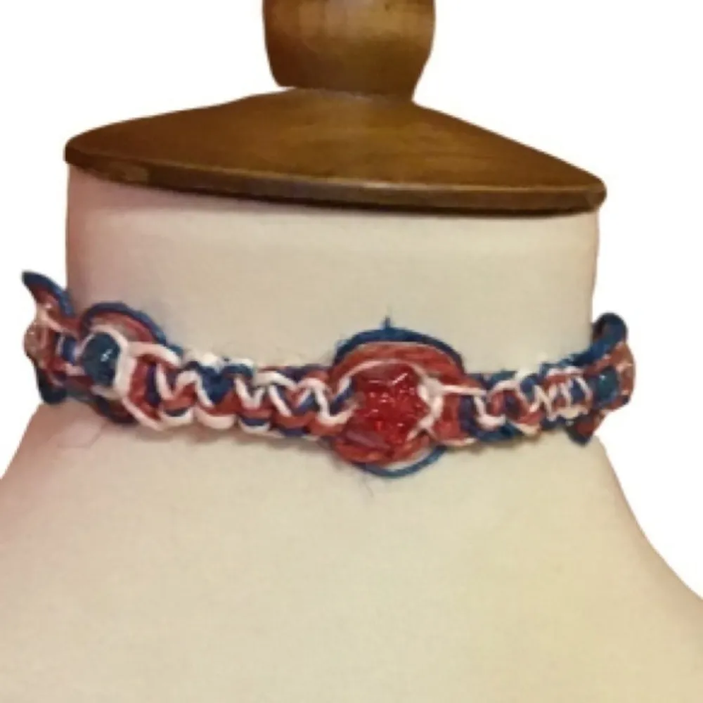 Handmade Hemp Choker Necklace | Tie Dye Hippie Festival Raver Jewelry Red - Image 2