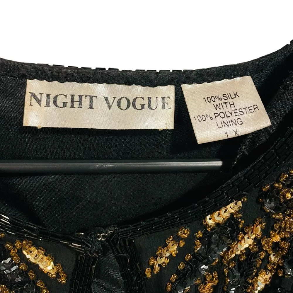 Night Vogue Vintage 80s Silk Black Gold Beaded Sequin Swirly Glam Party Jacket Size 1X - Image 13