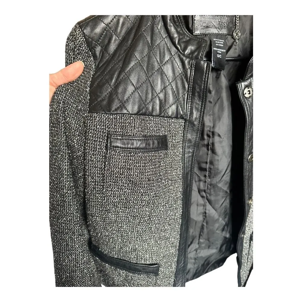 Jaclyn Smith black &white Tweed quilted Leather button up moto jacket size small - Image 7