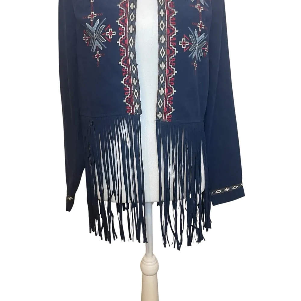 Flying Tomato Blue Faux Suede Southwestern Jacket Fringe Embroidered Small Aztec - Image 5