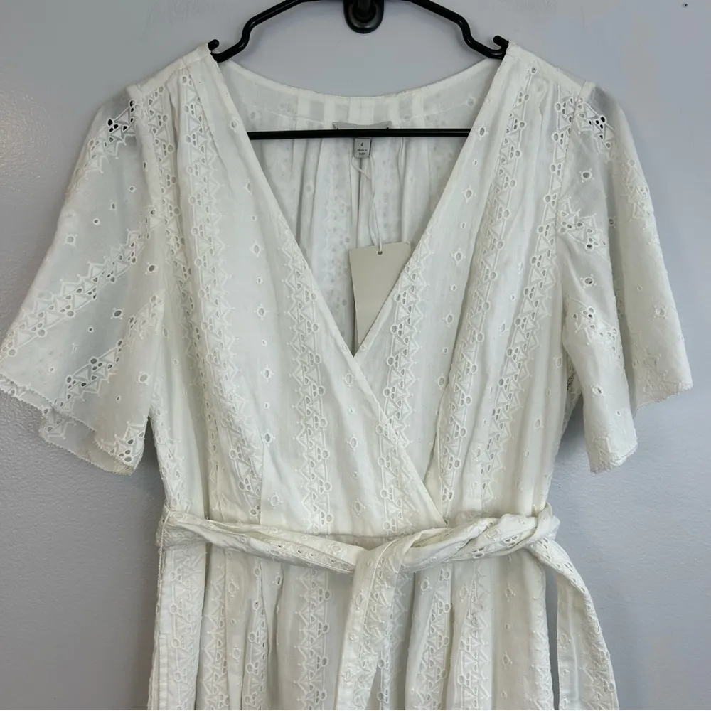NWT Joie White Eyelet Lace Short Sleeve Belted Faux Wrap Midi Dress Size 4 - Image 4