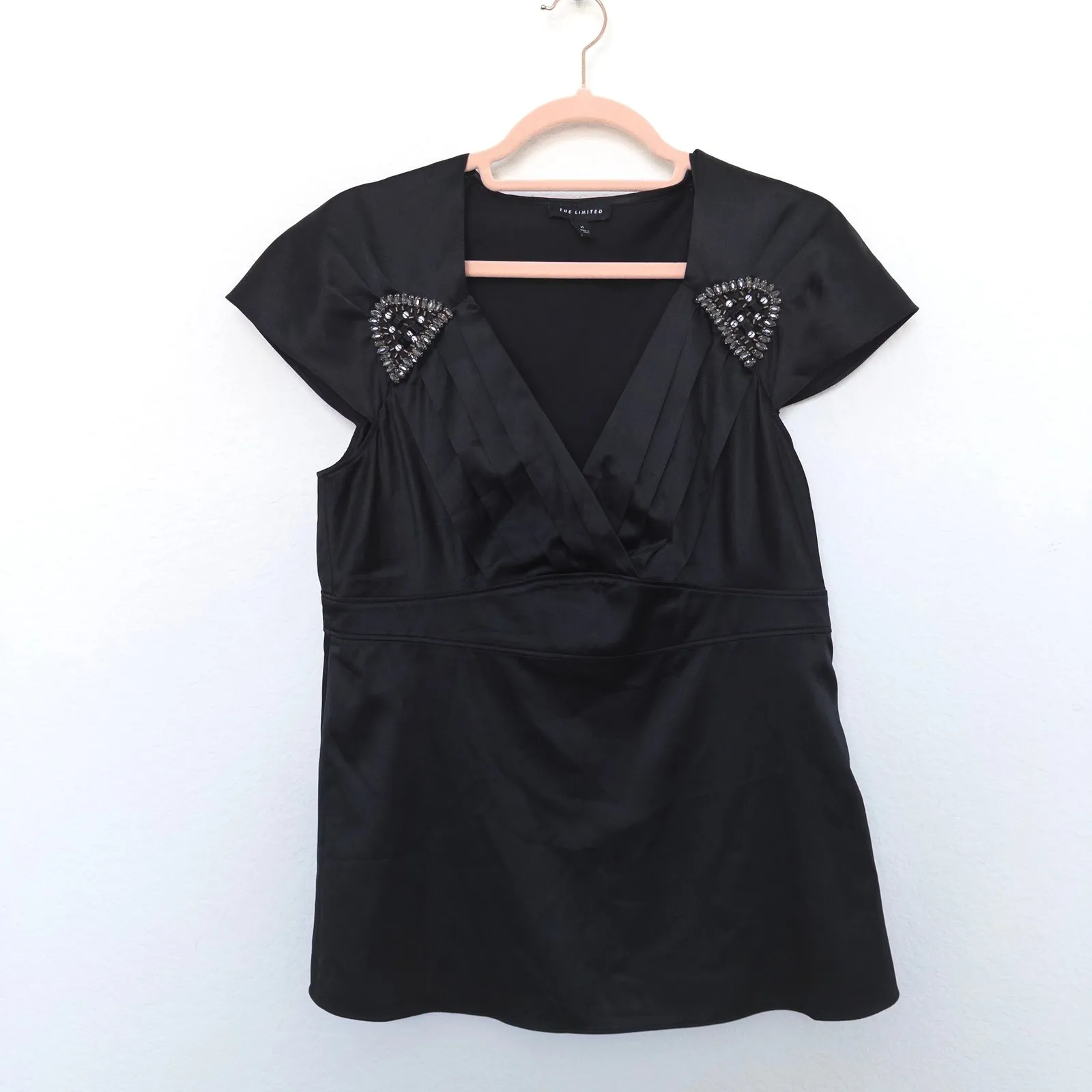 Y2K‎ The Limited Womens Top Size M Black Satin Beaded Babydoll Office Glam - Image 2