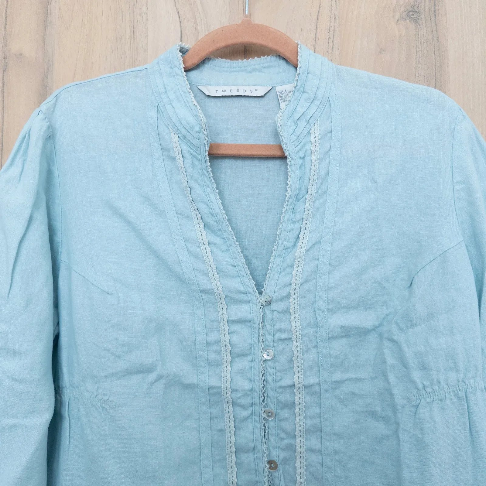 Tweeds Womens Linen Blouse Size L Blue Cottage Boho Lace Trim Romantic Coastal Size L - Image 2