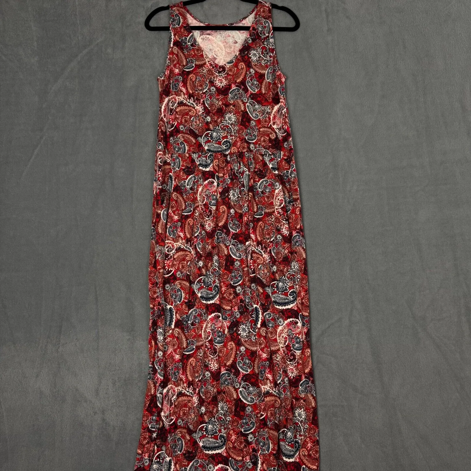 Garnet Hill Dress Small Paisley Print Organic Cotton Maxi Sleeveless Pockets Red - Image 2