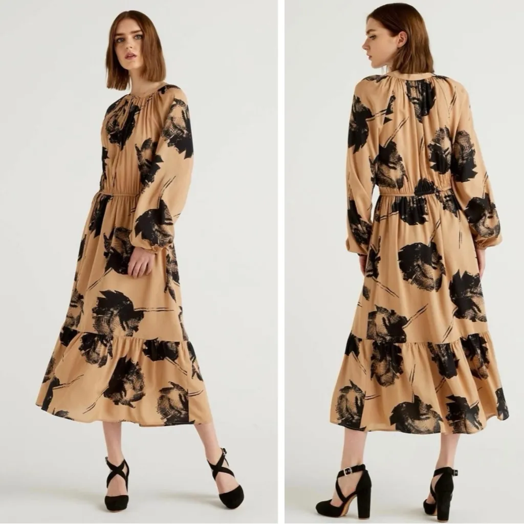 United Colors Of Benetton Black & Tan Floral Long Sleeve Midi Dress Size Large - Image 3