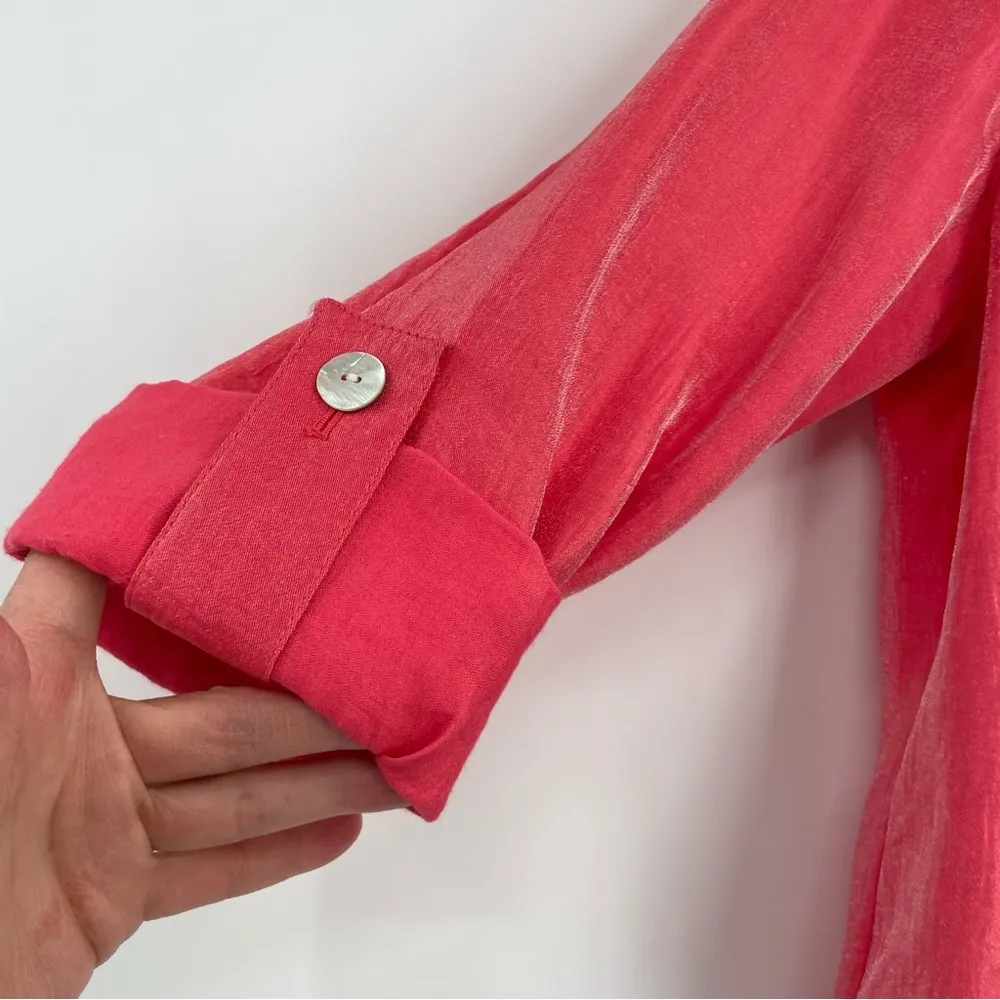 Ruby Rd. Nehru Collar Button Up Coral Shimmer Silky Top Jacket, Size 10P - Image 4
