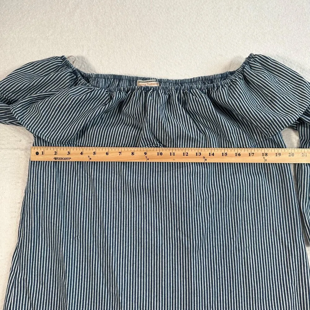 Flying Tomato Off Shoulder Tunic Women's Large Blue/White Chambray Ruffle Top - Image 2