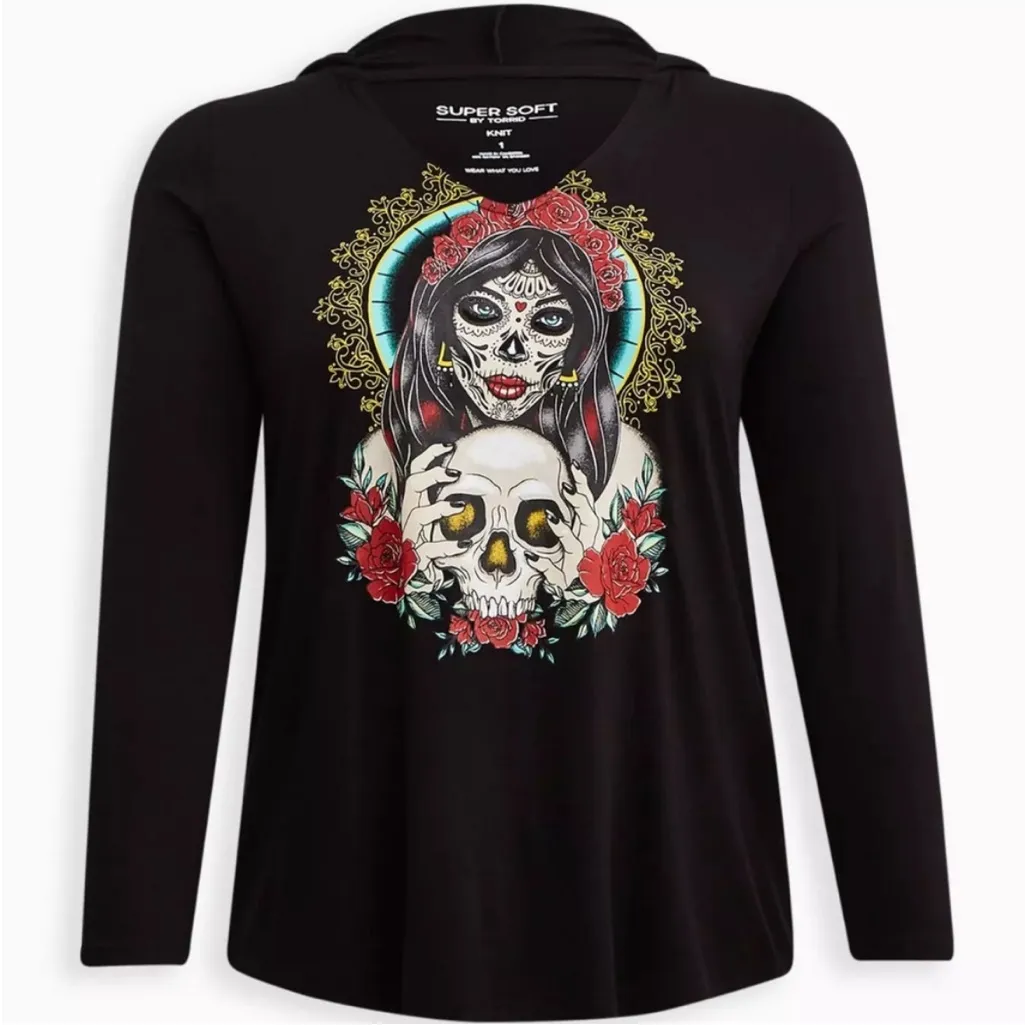 NWT Torrid Super Soft Dia De Los Muertos Graphic Hoodie Top Black Size 3X - Image 2