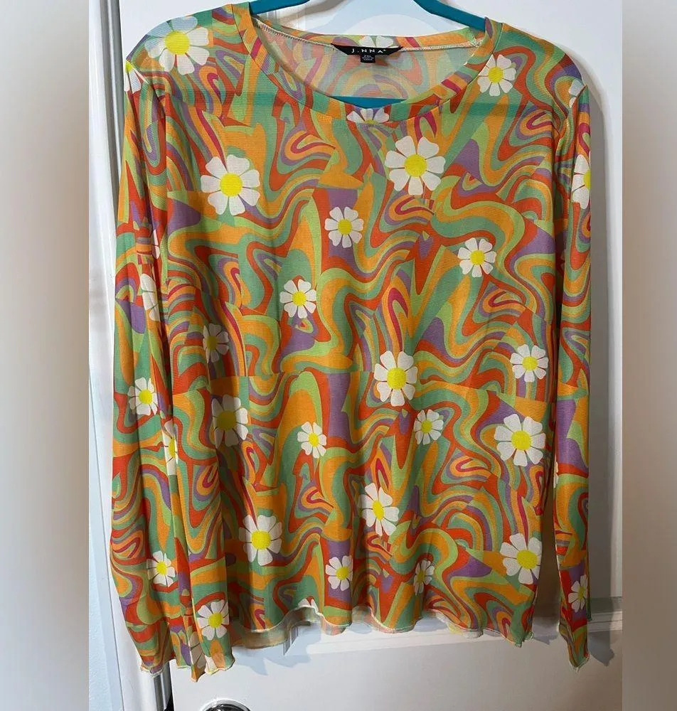J.NNA Groovy Psychedelic Vibrant Swirl Sorbet Colors Long Sleeve Mesh Top Sz 2XL Orange - Image 5