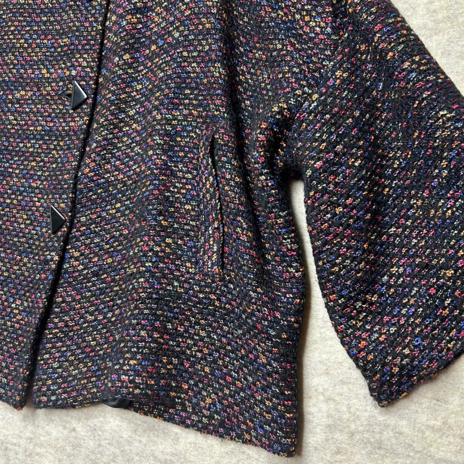 Caroline‎ Rose One Size Multicolor Tweed Jacket Button Front Pockets Made in USA Black - Image 3