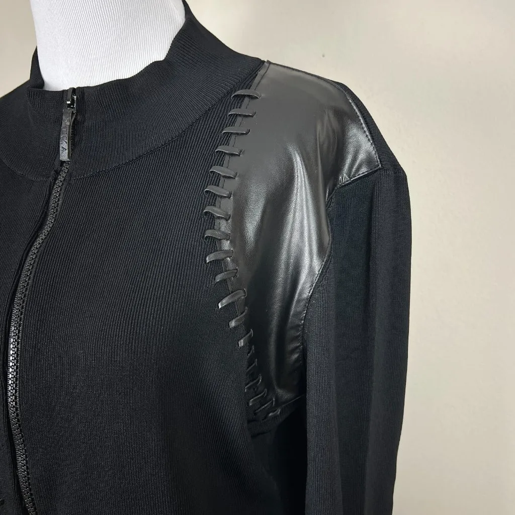 Yuka Sweater Jacket Womens Large Black Faux Leather Ribbed Knit Zip Whip Stitch‎ - Image 4