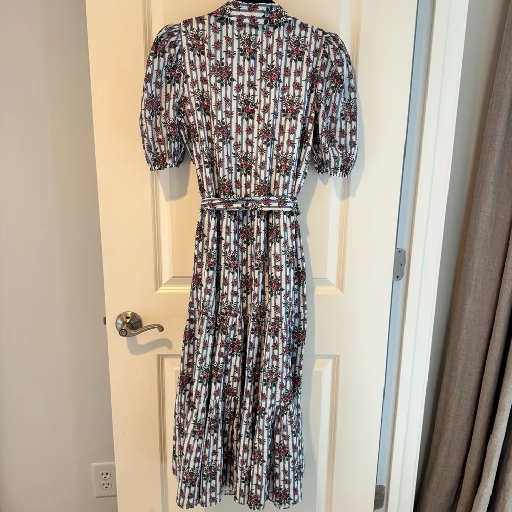 Veronica Beard Eunice Floral & Stripe Puff Sleeve Midi Dress | Size 0 - Image 8