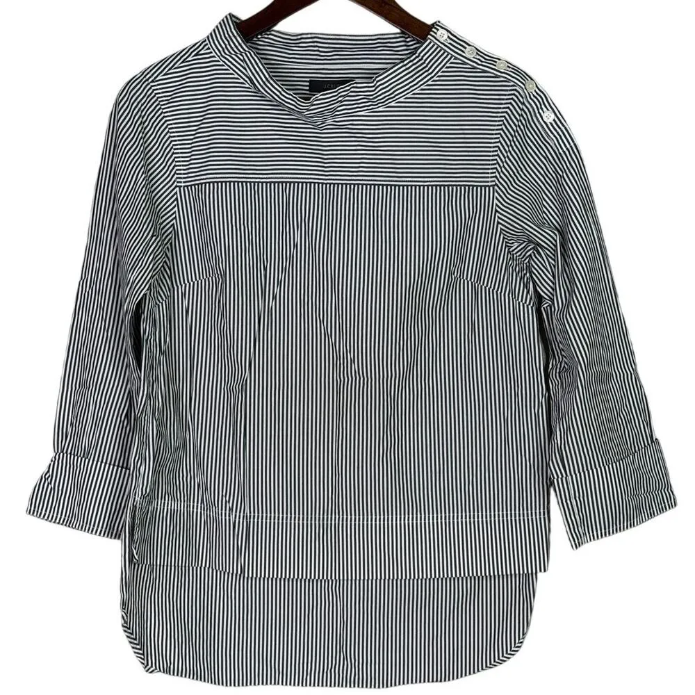 J. Crew Striped Poplin Funnel Neck Blouse Buttons on Left Shoulder 4P Grey White - Image 11