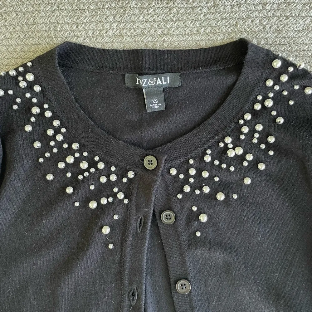 Roz & Ali Black Pearl Collar Cardigan Sweater RBG Size XS - Image 4