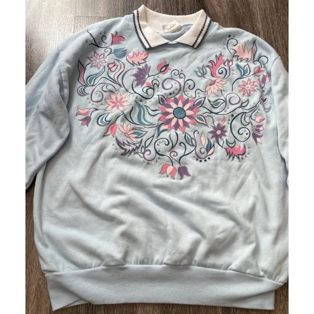 Vintage Haband For Her Collared Floral Blue Sweatshirt Collared Women’s Sz M Size M - Image 2