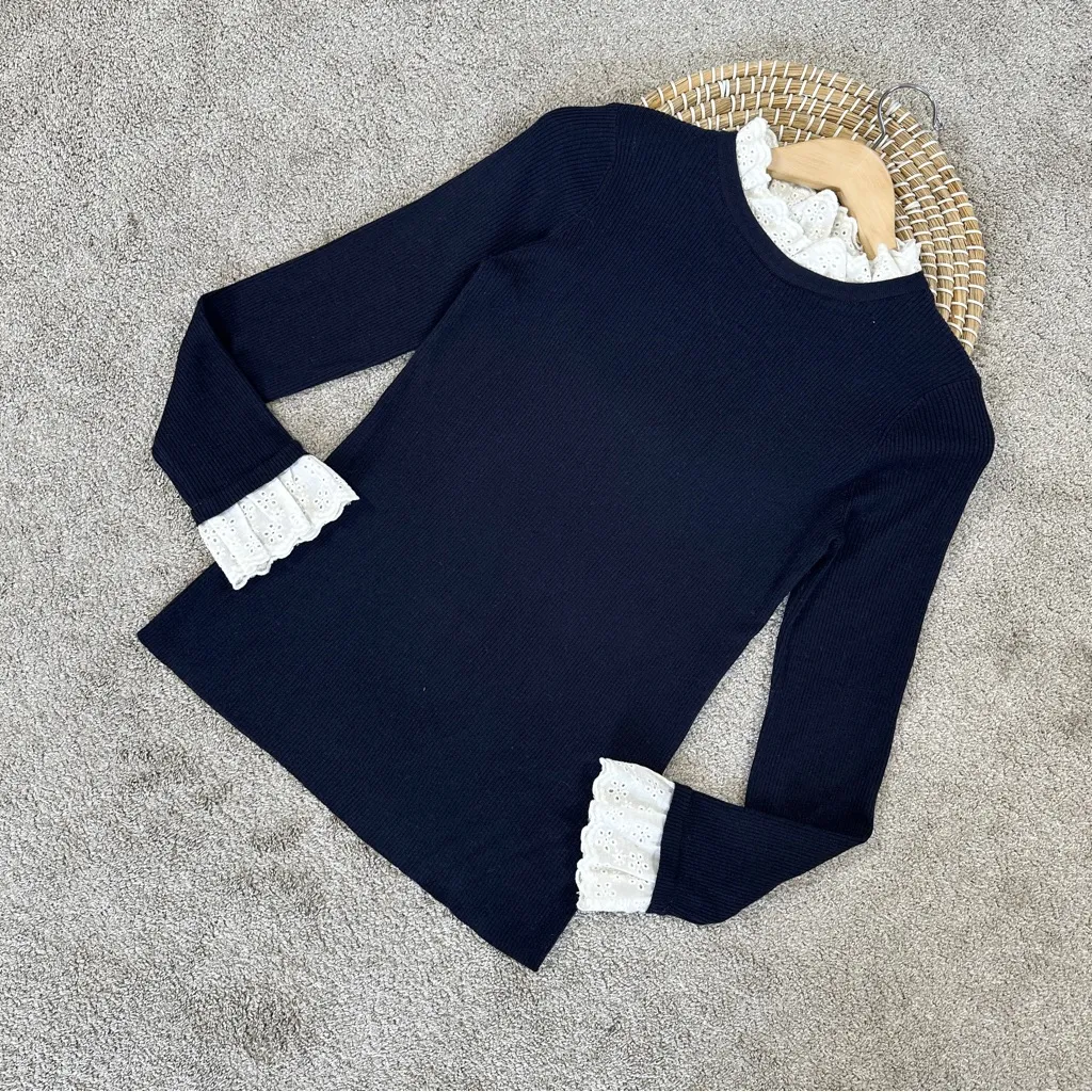 Tuckernuck Women’s Wool Blend Navy Rosemary Eyelet Knit Top Sweater Longsleeve M Blue Size M - Image 3