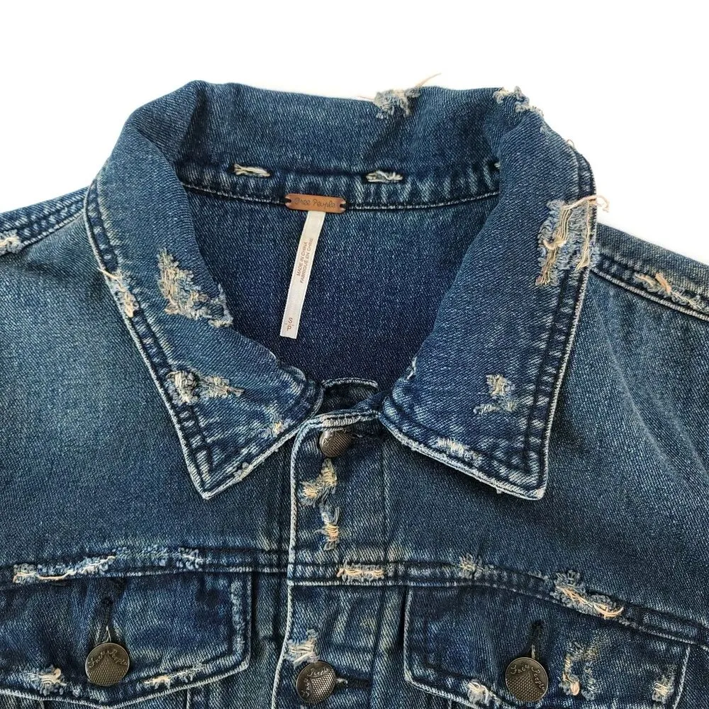 Free People Distressed Denim Jacket Womens Small Blue 90's Grunge Hipster Y2K - Image 5