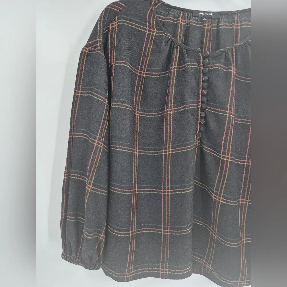Madewell Black Pleasant everyday Windowpane long sleeve boho lounge Blouse Small - Image 3