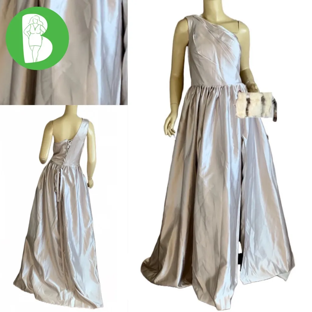 SUZHOU SILVER SATIN SLIT LEG ONE SHOULDER CORSET BACK FORMAL DRESS NWT (1X) - Image 2