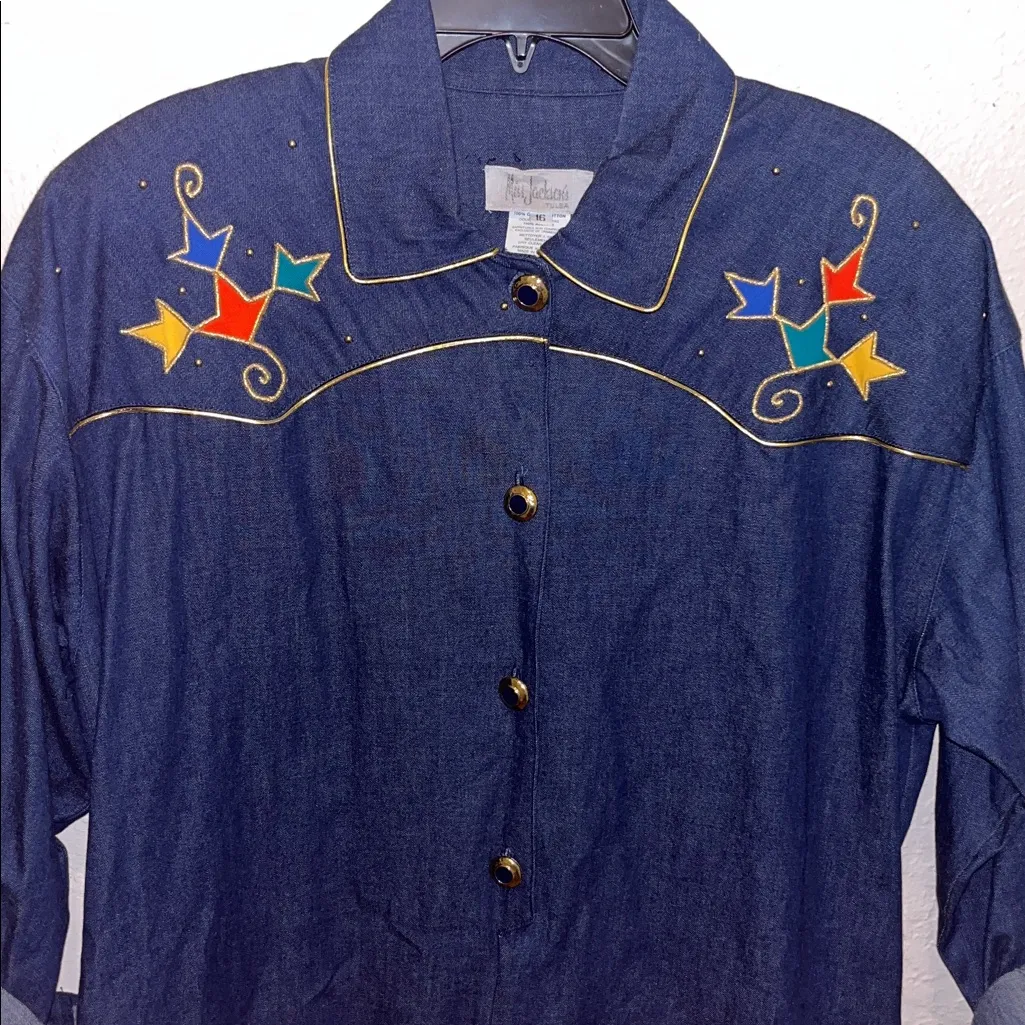 Vintage Western Country Cowgirl 80s Y2K Denim Shirt Jean Dress Gold Denim Retro Size XL - Image 3