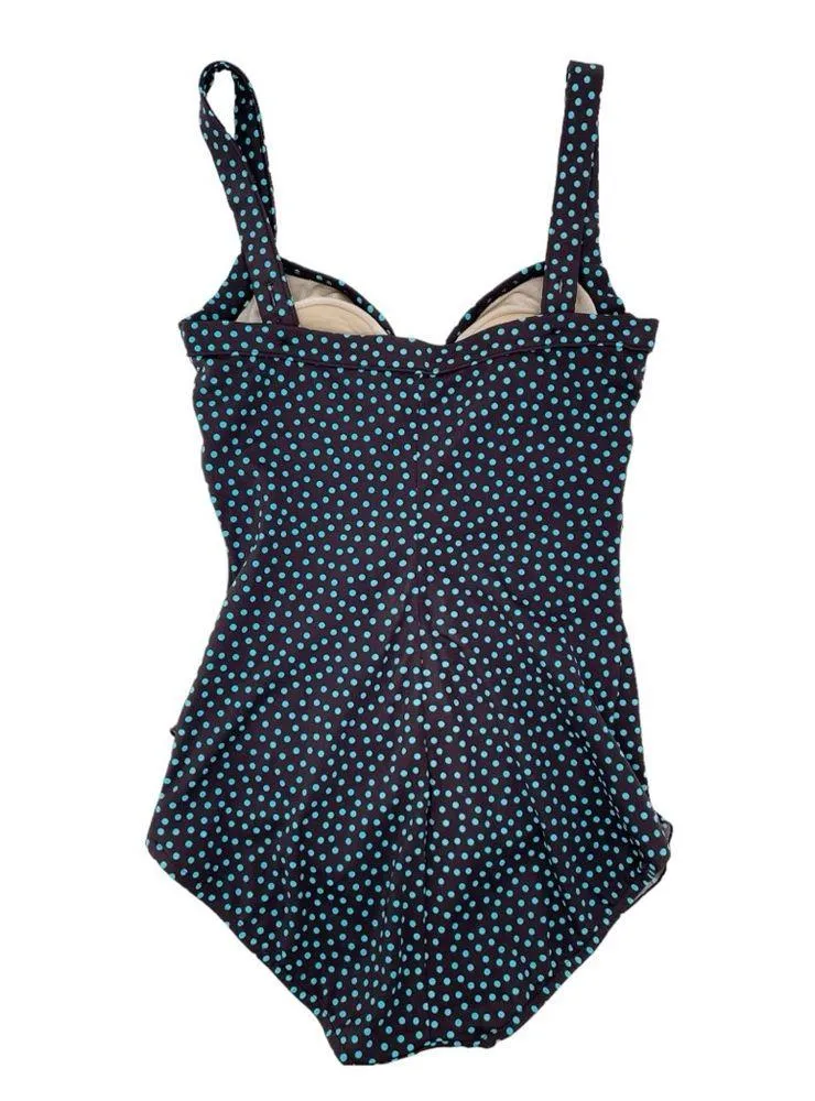 Maxine of Hollywood One Piece Swimsuit Skirt Front Brown Blue Polka Dot Size 10 - Image 2