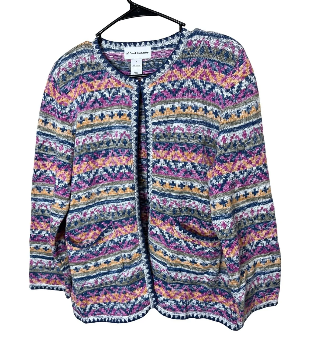 Alfred Dunner Cardigan Sweater Womens M Medium Multicolor Knit Cotton Pockets - Image 1