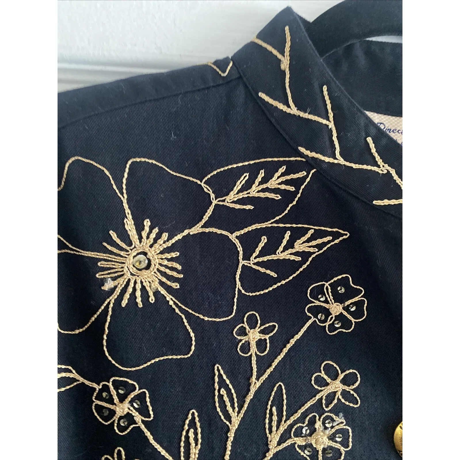 New Direction Womens Large Black Button Up Jacket Gold Floral Embroidery Artsy - Image 4