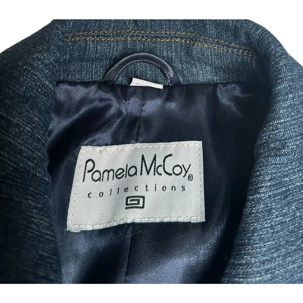 Pamela McCoy Animal Print Trim Embellished Bling Button Blue Denim Jean Jacket M Size M - Image 9