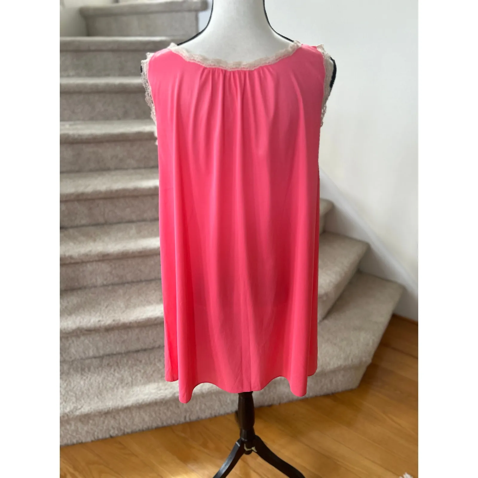 Vintage Sears 1960s Neon Pink Floral Lace Trim Sleeveless Nightie Gown Coquette - Image 3