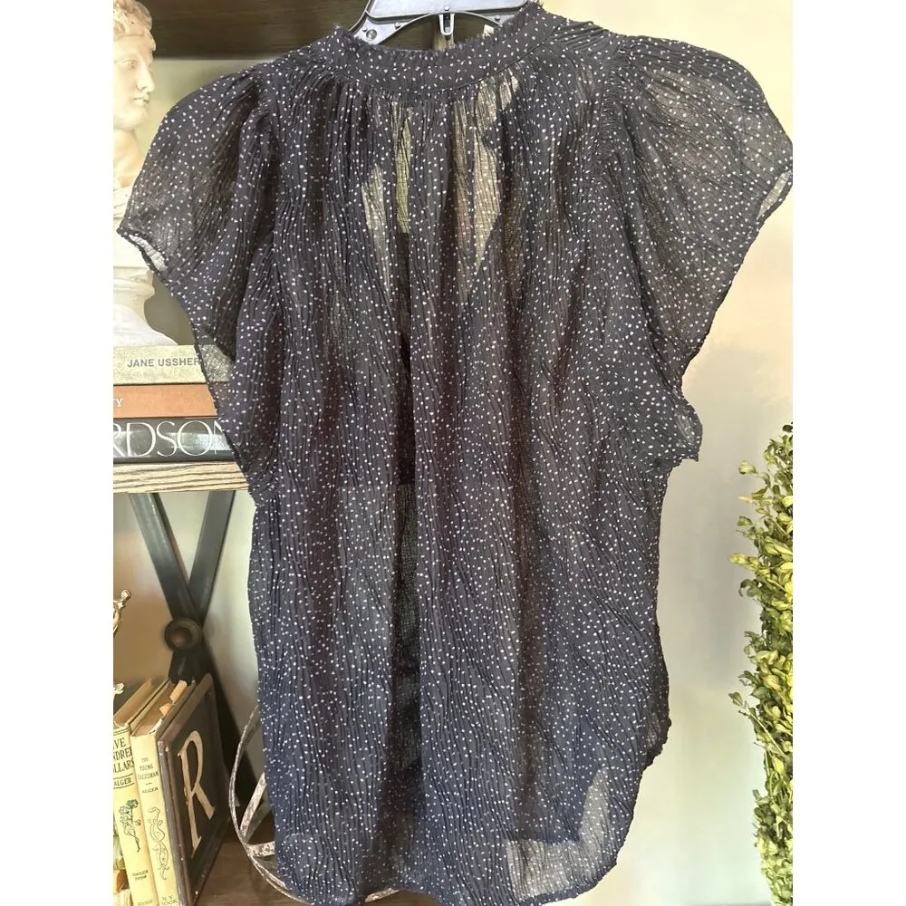 Vince  Starry Dot Semi Sheer Short Sleeve Blouse Blue Womens Size Small - Image 6