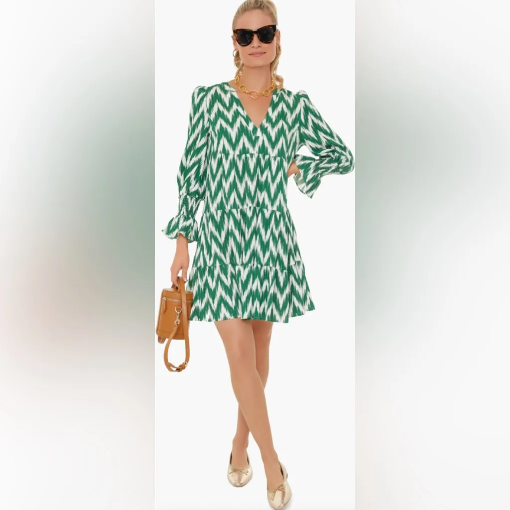 Pomander Place Tuckernuck Ikat Kenzo Green White Tiered Dress Size M - Image 3