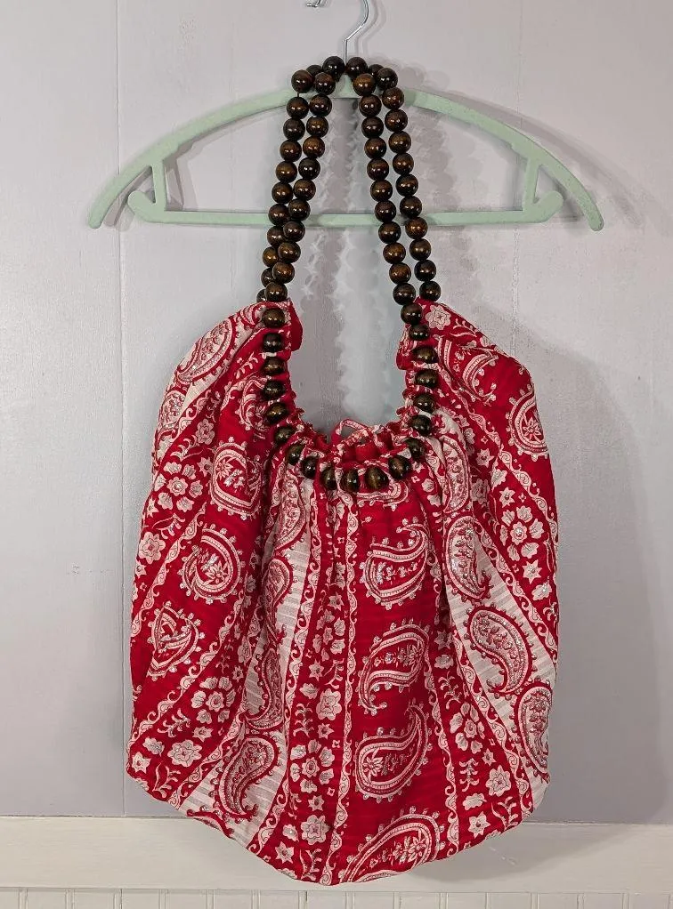 Vintage Y2K Purse Amici Red Hobo Bag Bead Straps Paisley Fabric Purse - Image 3