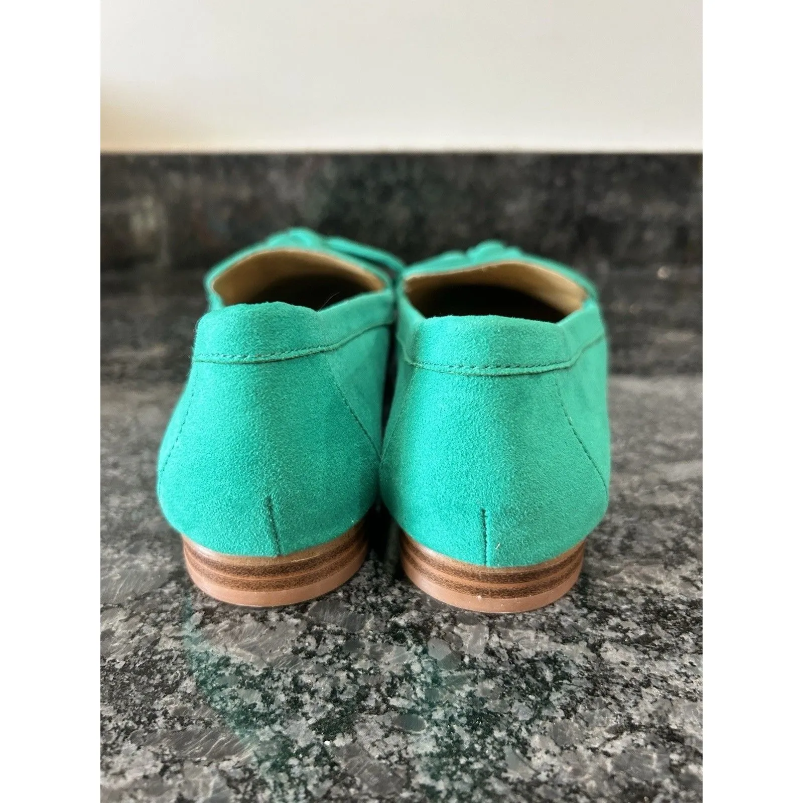 J Crew Loafers Size 9 Green Faux Suede Bow Slip On Shoes Preppy Holiday Flats - Image 4