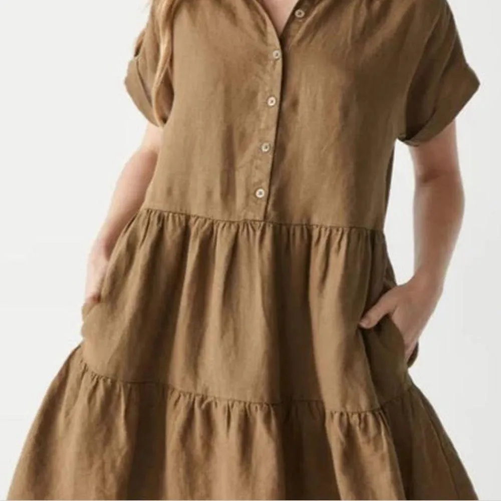 NEW MICHAEL STARS greta short sleeve linen dress dolmam brown khaki size small - Image 4
