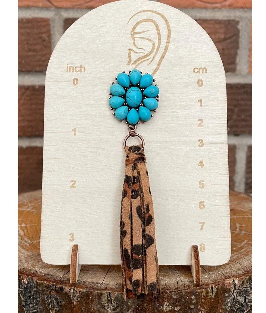 Faux Turquoise Cluster Earrings with Leopard Fringe Blue - Image 2