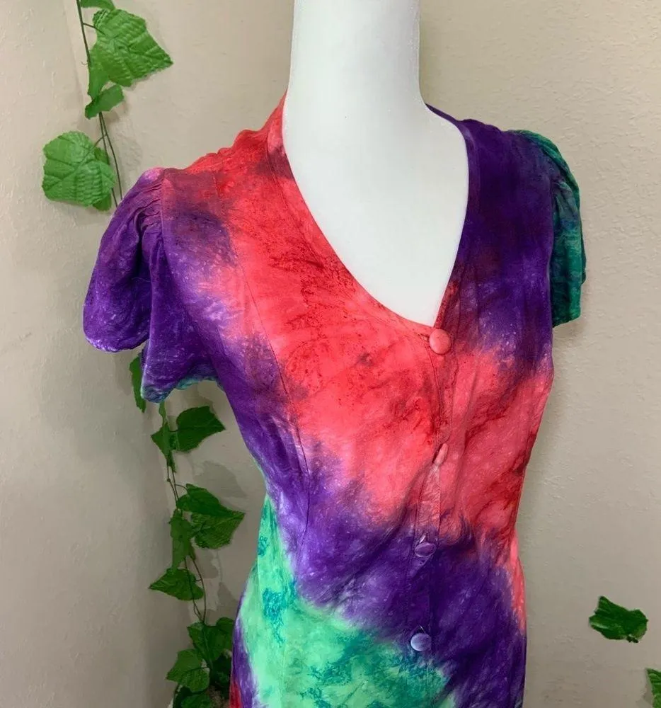 Retro Tie Die Button Down Shirt Dress Size L - Image 5