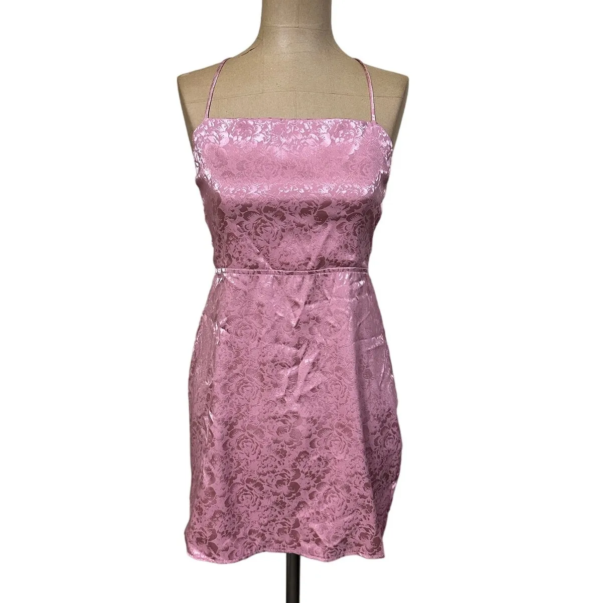 Resa Mini Dress Revolve Pink Rose Floral Satin Tie Back - Image 2