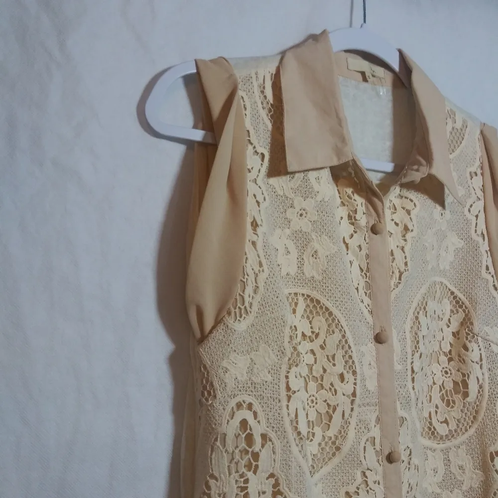 Ryu CottageCore Sleeveless Beige Lace Overlay Button Front Dress Beach Boho Sz S - Image 3
