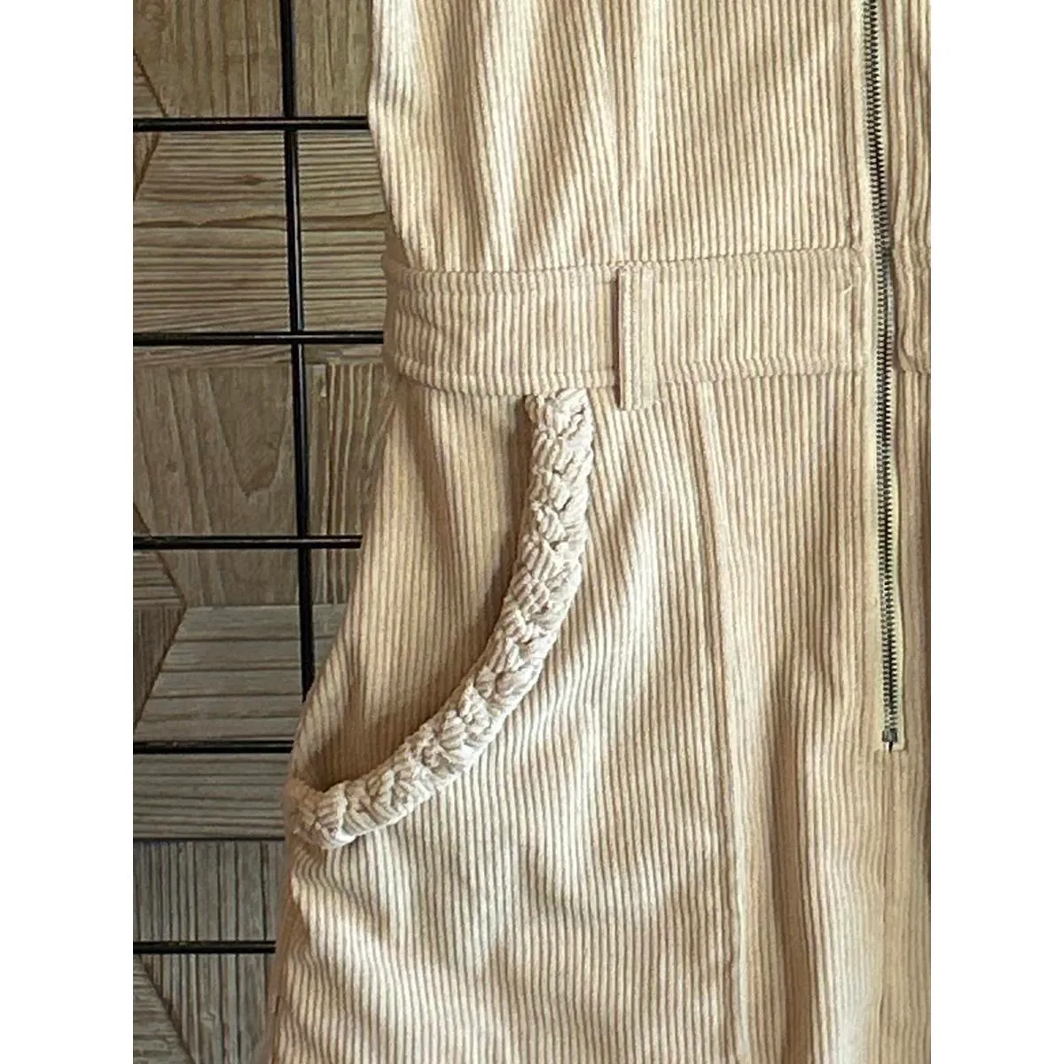 Ces Femme Corduroy Dress Sz Small Cream Zip Up Front Pockets Mini Y2K Tan - Image 4