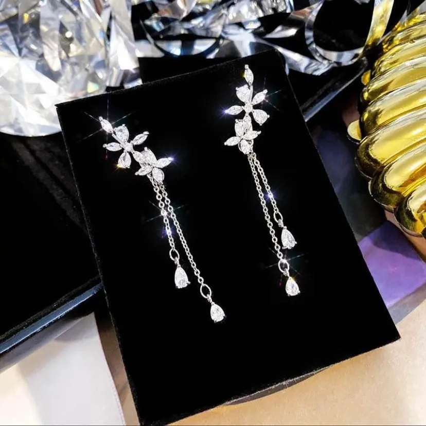 18K White Gold Plated Cubic Zirconia Crystal Flower Tassel Dangle Drop Earrings - Image 4