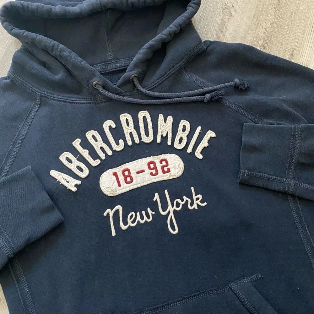 Abercrombie & Fitch Hoodie Navy Blue Kangaroo Pocket Large Retro - Image 3