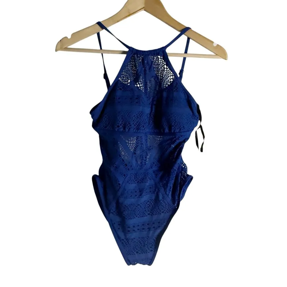 Becca by Rebecca Virtue Color Play Crochet Blue Plunge V-Neck One Piece Swimsuit - Image 4