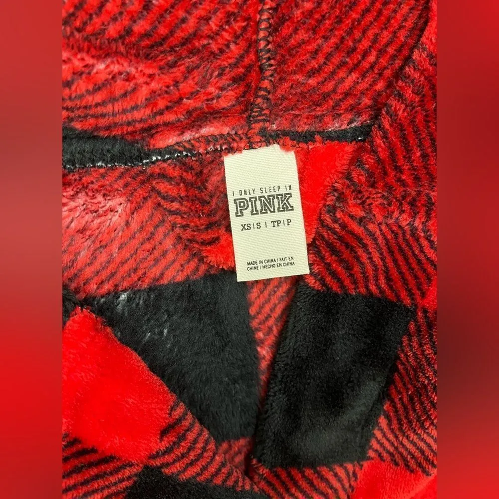 Victoria's Secret Pink Bling Plaid Fleece Hooded Robe Red/Black/Silver Sz XS/SM - Image 3