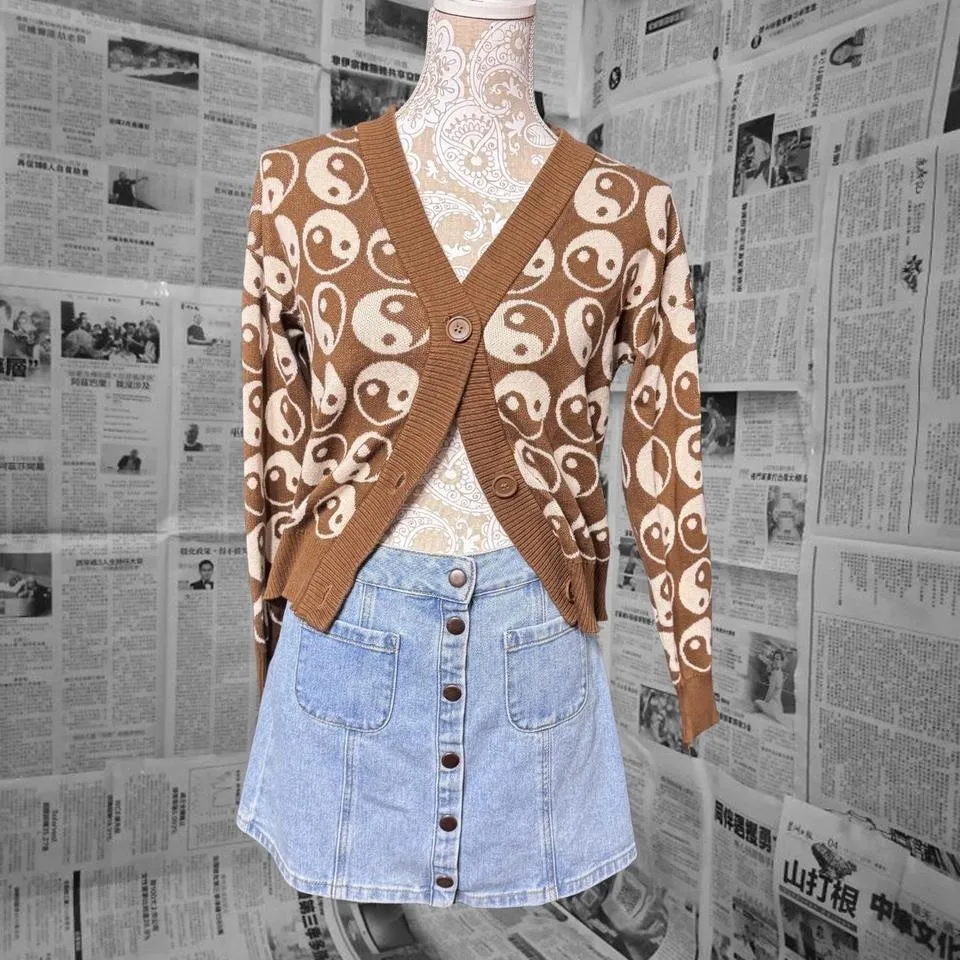 Nikkak Yin and Yang Brown and Cream Cardigan Cute Cottage Core Boho Size Medium - Image 3
