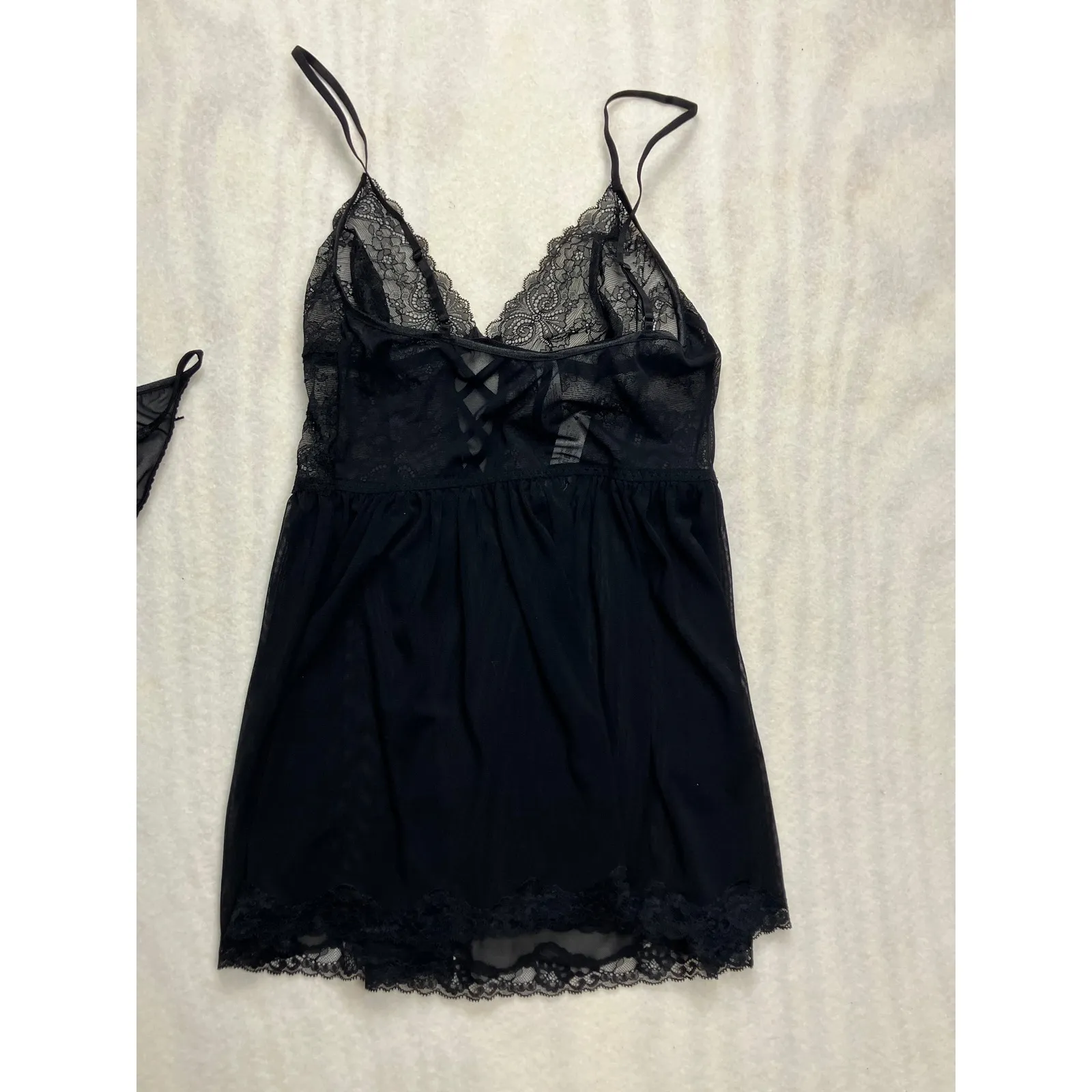 Adore Me Black Lace Babydoll Chemise Matching‎ Panty Set Size M - Image 9