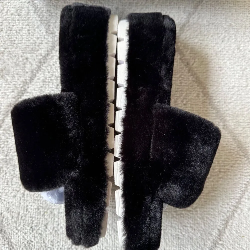 NIB J/SLIDES Urban Sport Black Faux Fur Platform Slides Sz 8 - Image 2