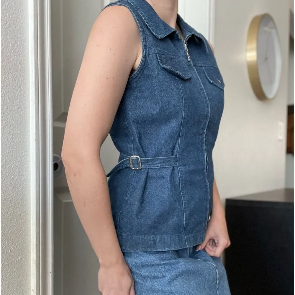 Vintage Denim Sleeveless Denim Zip Up Vest Size Medium Front‎ Pockets Waist Coat - Image 2