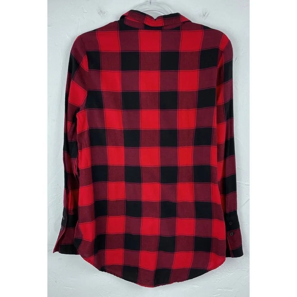 EXPRESS  Red Black Plaid Corset Front Button Up Tunic Shirt Small - Image 7